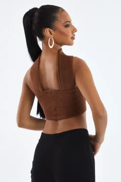 Rebellious Fashion Brown Knit Choker Neck Cropped Top - Lia