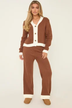 Rebellious Fashion Brown Knit Contrast Button Up Front Cardigan & Straight Leg Trousers Co-ord Set - Eileen