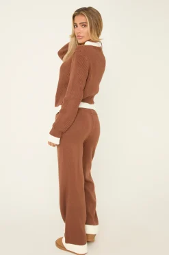 Rebellious Fashion Brown Knit Contrast Button Up Front Cardigan & Straight Leg Trousers Co-ord Set - Eileen