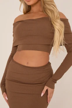 Rebellious Fashion Brown Knit Fold Down Bardot Maxi Skirt Set - Beatrix