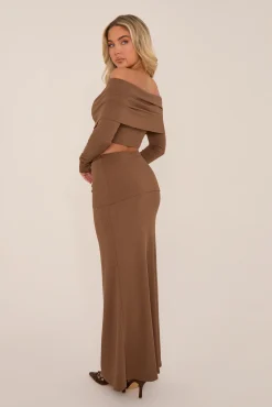 Rebellious Fashion Brown Knit Fold Down Bardot Maxi Skirt Set - Beatrix