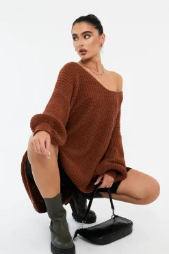 Rebellious Fashion Brown Knit Oversized Jumper - Darci