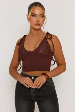 Rebellious Fashion Brown Lace Bust Tie Shoulder Cami Top - Melton