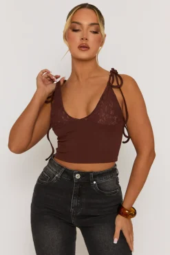 Rebellious Fashion Brown Lace Bust Tie Shoulder Cami Top - Melton