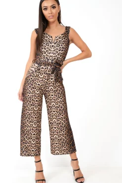 Rebellious Fashion Brown Leopard Bardot V Dip Jumpsuit - Lisah