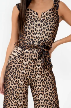 Rebellious Fashion Brown Leopard Bardot V Dip Jumpsuit - Lisah