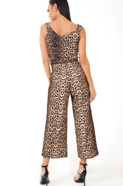 Rebellious Fashion Brown Leopard Bardot V Dip Jumpsuit - Lisah