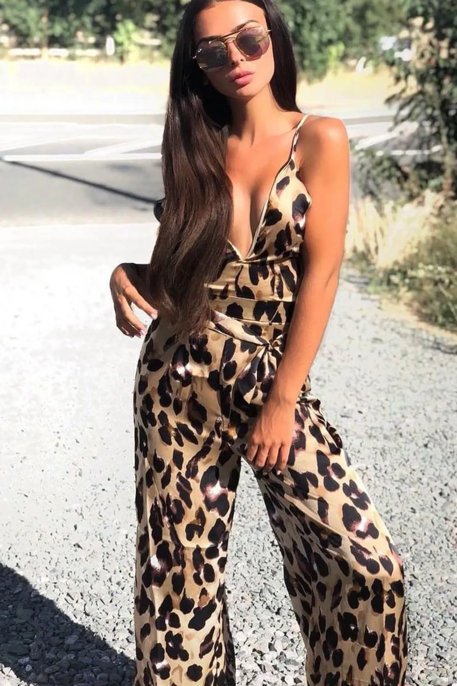 Rebellious Fashion Brown Leopard Halter Plunge Jumpsuit - Gwyn