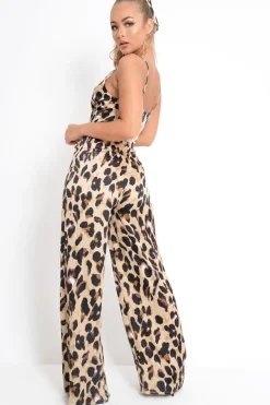 Rebellious Fashion Brown Leopard Halter Plunge Jumpsuit - Gwyn
