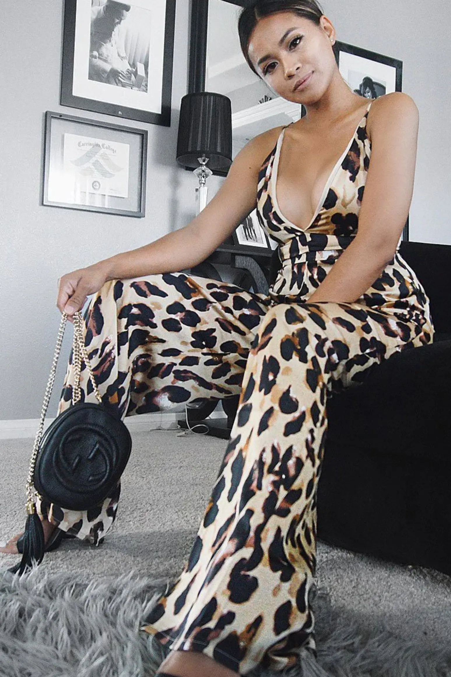 Rebellious Fashion Brown Leopard Halter Plunge Jumpsuit - Gwyn