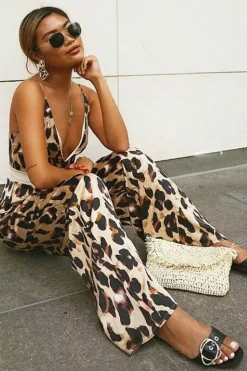 Rebellious Fashion Brown Leopard Halter Plunge Jumpsuit - Gwyn