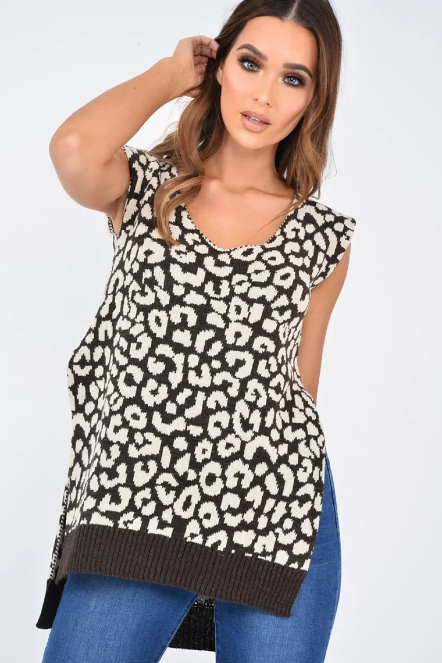 Rebellious Fashion Brown Leopard Knit Sleeveless Jumper - Docie