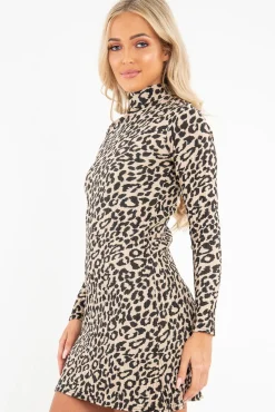Rebellious Fashion Brown Leopard Plisse High Neck Mini Dress - Marieta