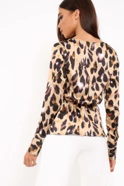 Rebellious Fashion Brown Leopard Plunge Tie Front Shirt - Halina