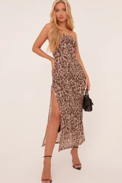 Rebellious Fashion Brown Leopard Print Bandeau Slit Detail Midi Dress - Willoh
