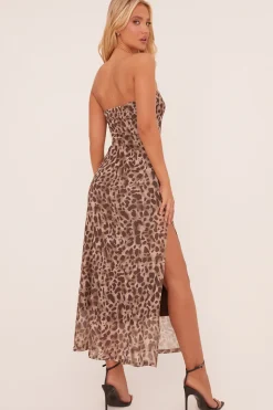 Rebellious Fashion Brown Leopard Print Bandeau Slit Detail Midi Dress - Willoh