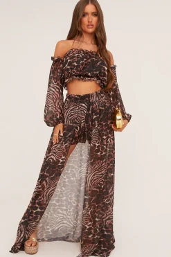 Rebellious Fashion Brown Leopard Print Bardot Cropped Top & Shorts Co-ord Set - Eleanora