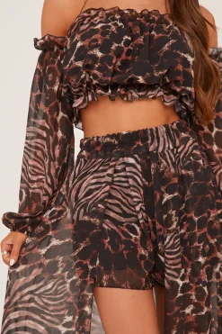 Rebellious Fashion Brown Leopard Print Bardot Cropped Top & Shorts Co-ord Set - Eleanora