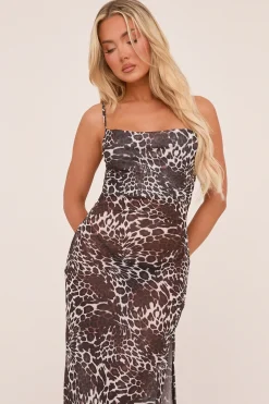 Rebellious Fashion Brown Leopard Print Cowl Neck Maxi Dress - Bonita