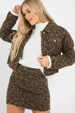 Rebellious Fashion Brown Leopard Print Crop Denim Jacket - Hartlee