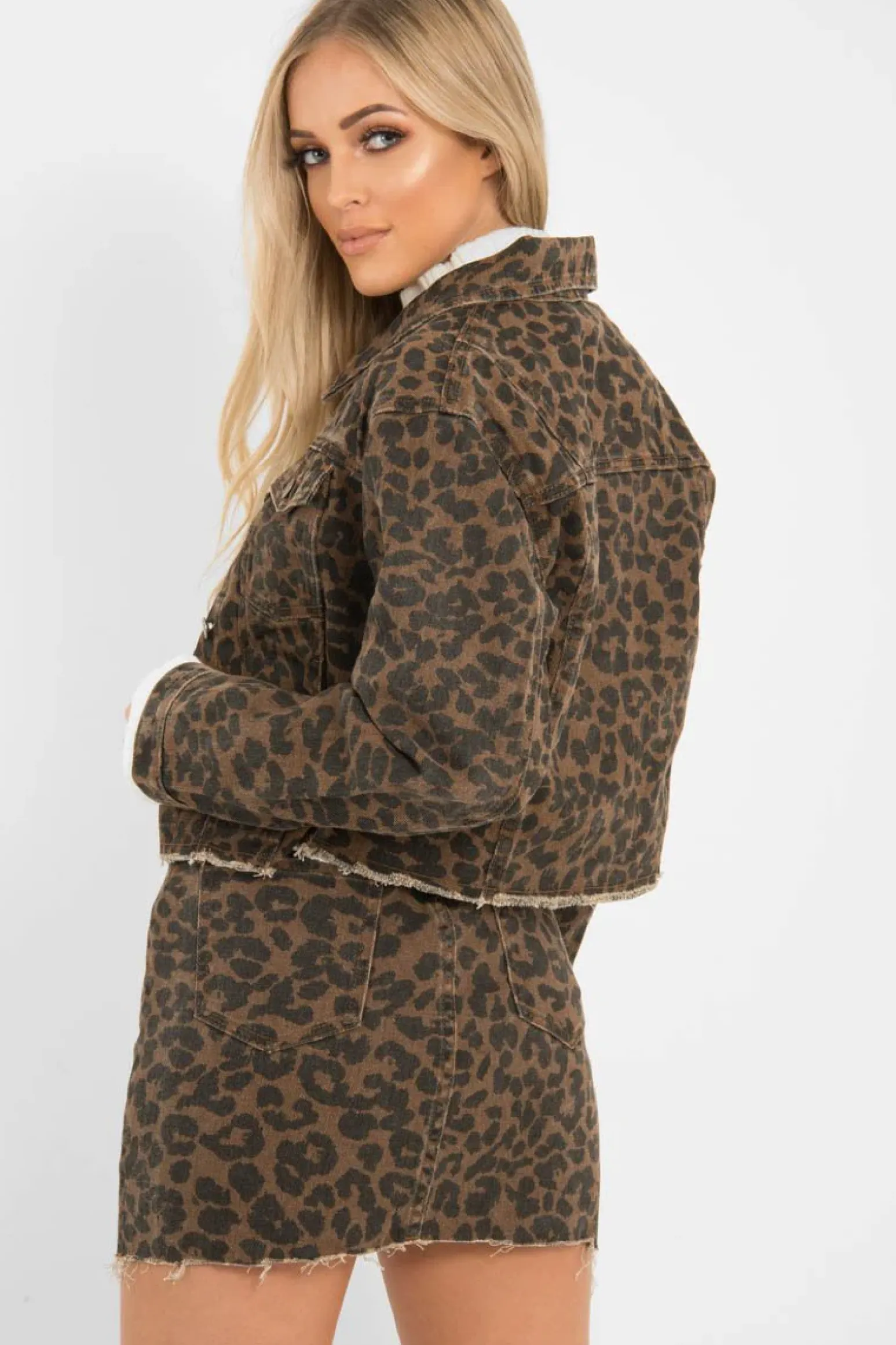 Rebellious Fashion Brown Leopard Print Crop Denim Jacket - Hartlee