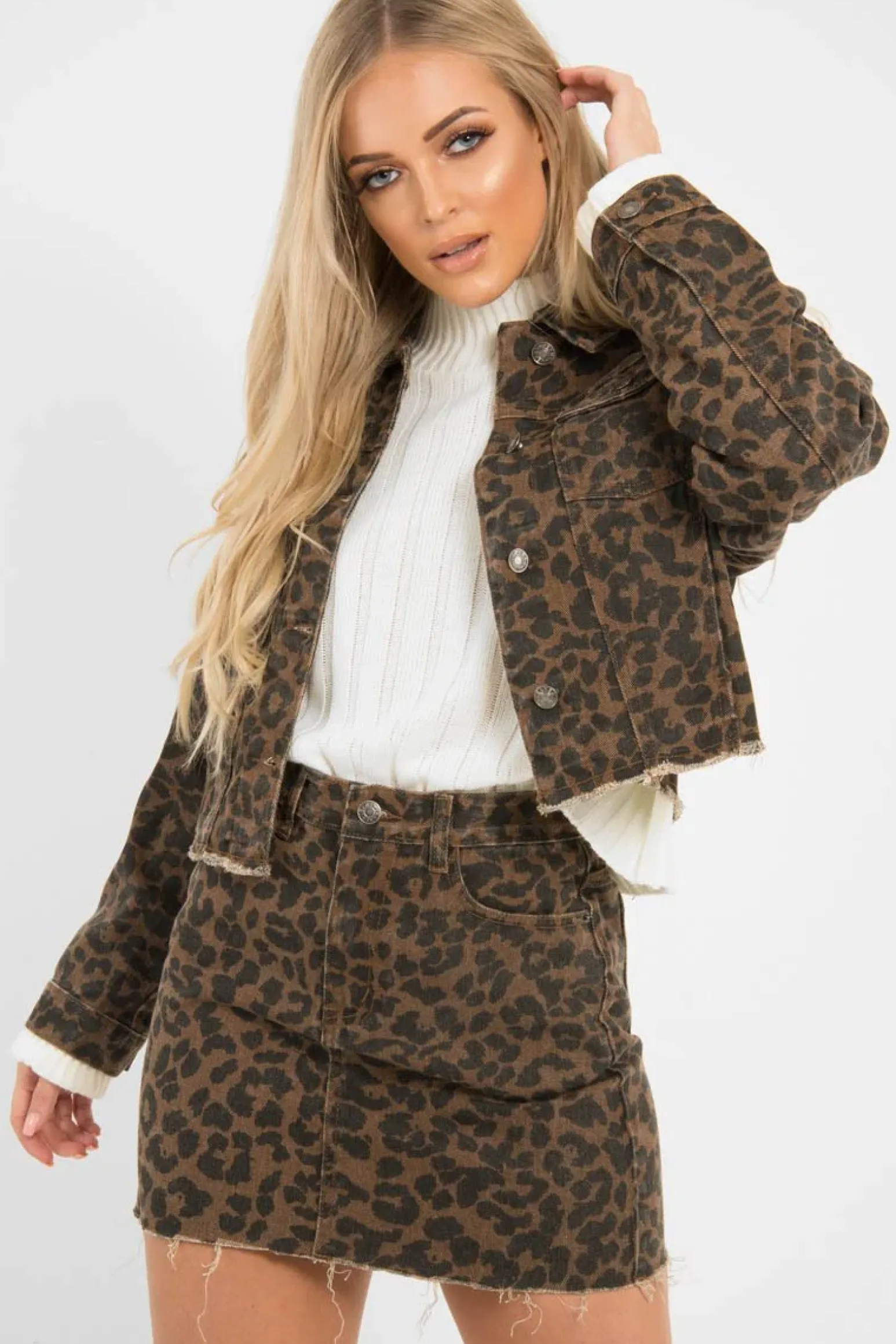 Rebellious Fashion Brown Leopard Print Crop Denim Jacket - Hartlee