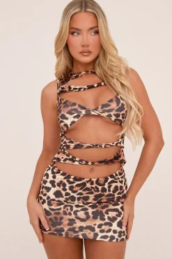 Rebellious Fashion Brown Leopard Print Cut Out Front Mini Dress - Irene