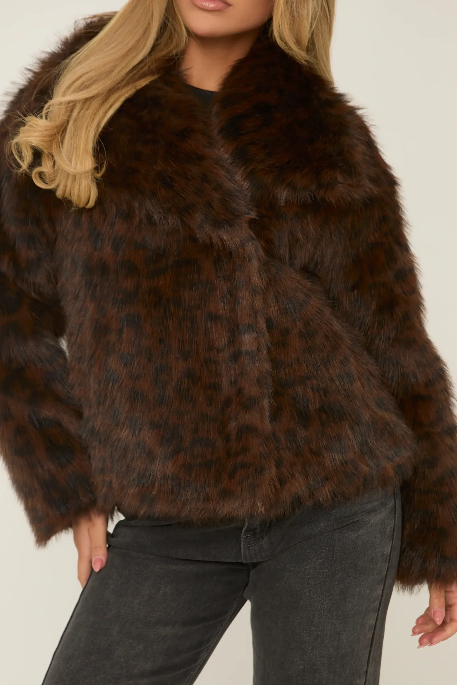 Rebellious Fashion Brown Leopard Print Faux Fur Cropped Coat - Dania