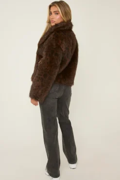 Rebellious Fashion Brown Leopard Print Faux Fur Cropped Coat - Dania