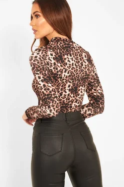 Rebellious Fashion Brown Leopard Print High Neck Long Sleeve Bodysuit - Monique