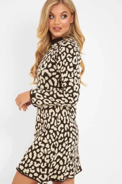 Rebellious Fashion Brown Leopard Print Knitted Jumper Dress - Kamarie