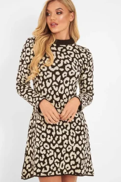 Rebellious Fashion Brown Leopard Print Knitted Jumper Dress - Kamarie