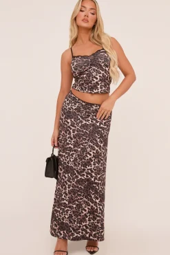Rebellious Fashion Brown Leopard Print Lace Trim Crop Top & Maxi Skirt Co-ord Set - Dorothy