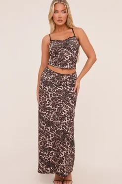 Rebellious Fashion Brown Leopard Print Lace Trim Crop Top & Maxi Skirt Co-ord Set - Dorothy