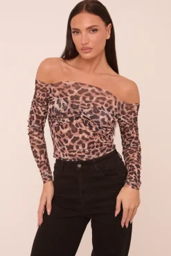 Rebellious Fashion Brown Leopard Print Mesh Bardot Long Sleeves Cropped Top - Mahalie