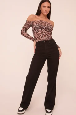 Rebellious Fashion Brown Leopard Print Mesh Bardot Long Sleeves Cropped Top - Mahalie
