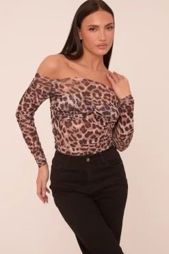 Rebellious Fashion Brown Leopard Print Mesh Bardot Long Sleeves Cropped Top - Mahalie
