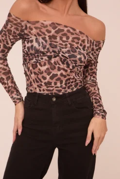 Rebellious Fashion Brown Leopard Print Mesh Bardot Long Sleeves Cropped Top - Mahalie