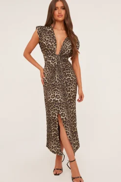 Rebellious Fashion Brown Leopard Print Plunge Neck Draped Maxi Dress - Brylen