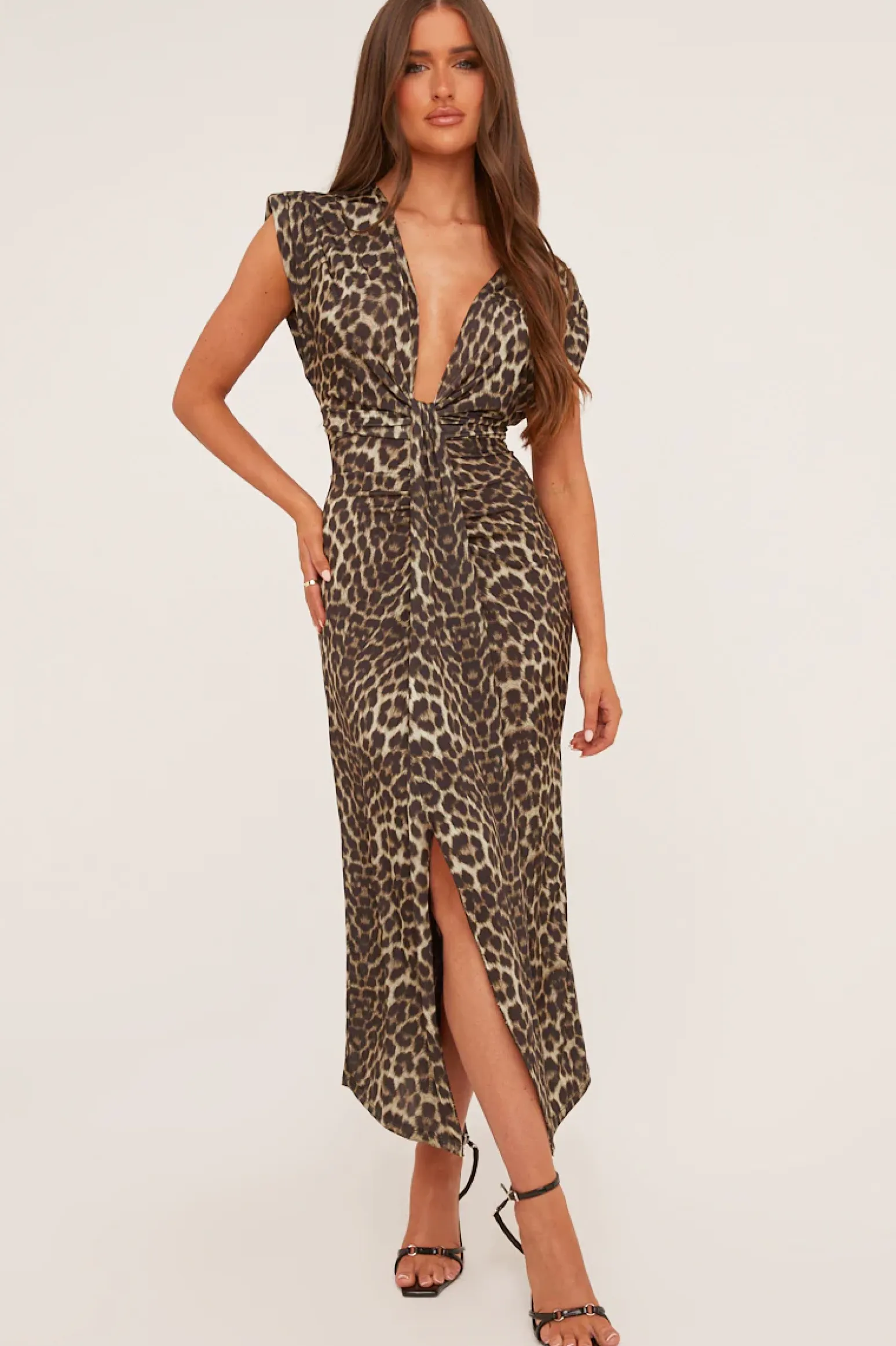 Rebellious Fashion Brown Leopard Print Plunge Neck Draped Maxi Dress - Brylen