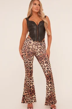Rebellious Fashion Brown Leopard Print Ruched Back Flared Leg Trousers - Molli