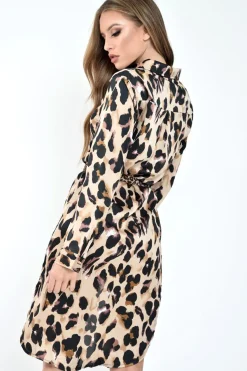 Rebellious Fashion Brown Leopard Print Satin Shirt Dress - Cabela