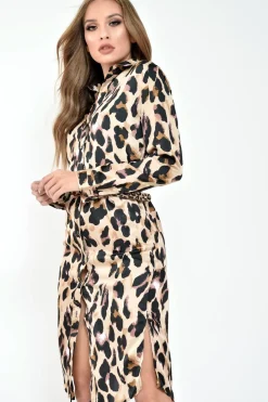 Rebellious Fashion Brown Leopard Print Satin Shirt Dress - Cabela
