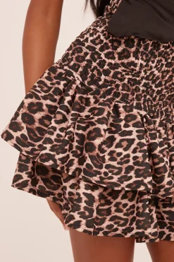 Rebellious Fashion Brown Leopard Print Shirring Detail Tiered Mini Skirt - Vania
