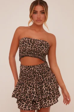 Rebellious Fashion Brown Leopard Print Shirring Detail Bandeau Cropped Top - Azani