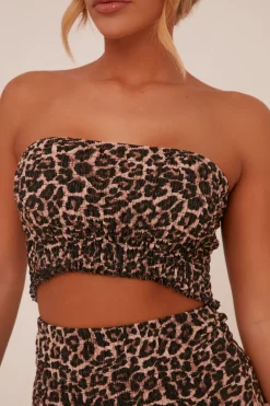 Rebellious Fashion Brown Leopard Print Shirring Detail Bandeau Cropped Top - Azani