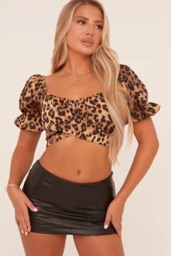 Rebellious Fashion Brown Leopard Print Tie Detail Cropped Top - Tam