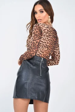 Rebellious Fashion Brown Leopard Sheer Plunge Lion Detail Bodysuit - Trula