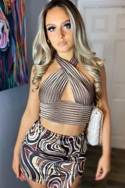 Rebellious Fashion Brown Mesh Blend Halter Neck Crop Top - Naroa