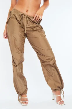Rebellious Fashion Brown Nylon Parachute Tech Cargo Trousers - Anika